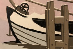 Tjalk in de sneeuw, houtdruk 15x15 cm