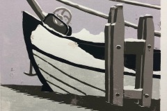 Tjalk in sneeuw, houtdruk 15x 15 cm